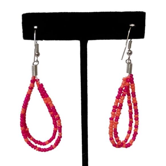 Seed Bead TearDrop Earrings Pink Coral Silver Tone Summer Festival Dangle Spring - Picture 4 of 16